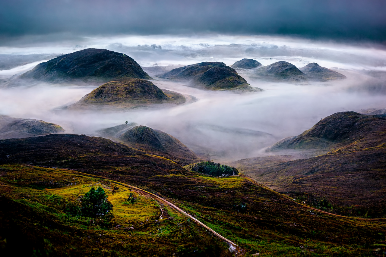 /imagine prompt: hills of the scotland highlands&amp;#44; misty fog&amp;#44; Canon RF 16mm f:2.8 STM Lens&amp;#44; award winning photography&amp;#44; by national geographic and upsplash --ar 3:2 --seed 1 --v 3 --s 2500