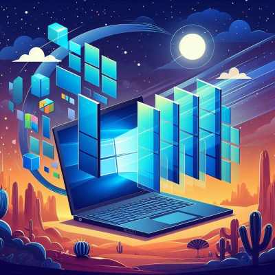 밤하늘 배경의 디지털 화면이 펼쳐져 있으며, 여러 색상과 형태의 아이콘들이 떠 있는 모습.