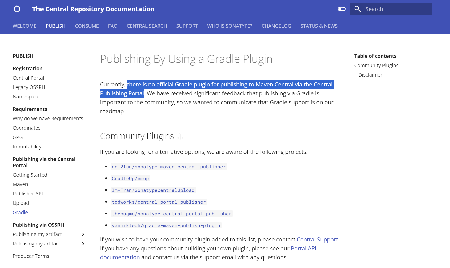 there is no official Gradle plugin for publishing to Maven Central via the Central Publishing Portal