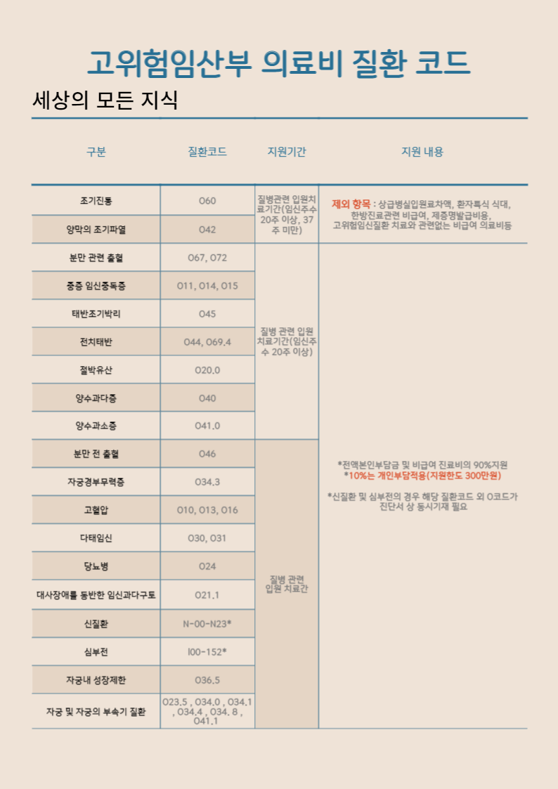  고위험산모 의료비 지원 시 서류 및 질병 코드 여기서 찾으세요