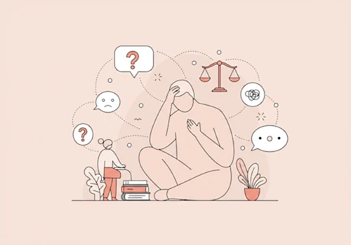 미니멀 디지털 일러스트로 그린 자신의 마음에게 질문하며 고민하는 인물 이미지