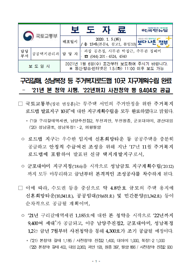  구리갈매, 성남복정 등 주거복지로드맵 10곳 지구계획수립 완료(국토교통부)