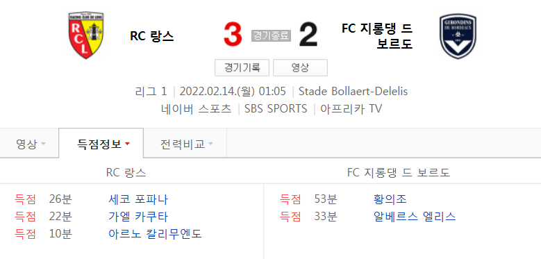  21/22 시즌 리그앙 24라운드 - 랑스 VS 보르도 경기 (황의조 시즌 10호골 영상)