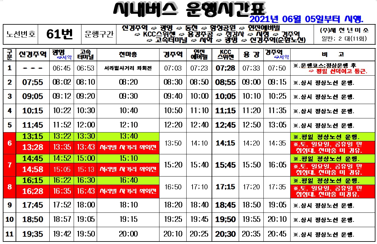 경주 61번 시내버스 좌석버스 시간표 요금 배차간격 노선 SRT KTX 신경주역&hArr;고속터미널&hArr;경주역&hArr;SRT KTX 신경주역 순환노선 정보.