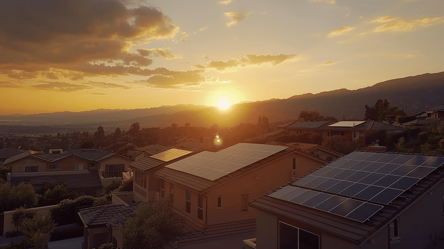 Residential-solar-panels-on-rooftops-capturing-renewable-energy-at-sunset-reflecting-Enphase-Energy-solutions.