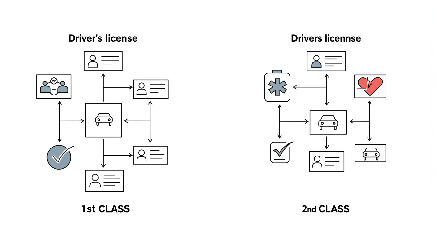 Comparison flowcharts for 1st and 2nd class driver's license renewal processes, showing health check requirement for 1st class.