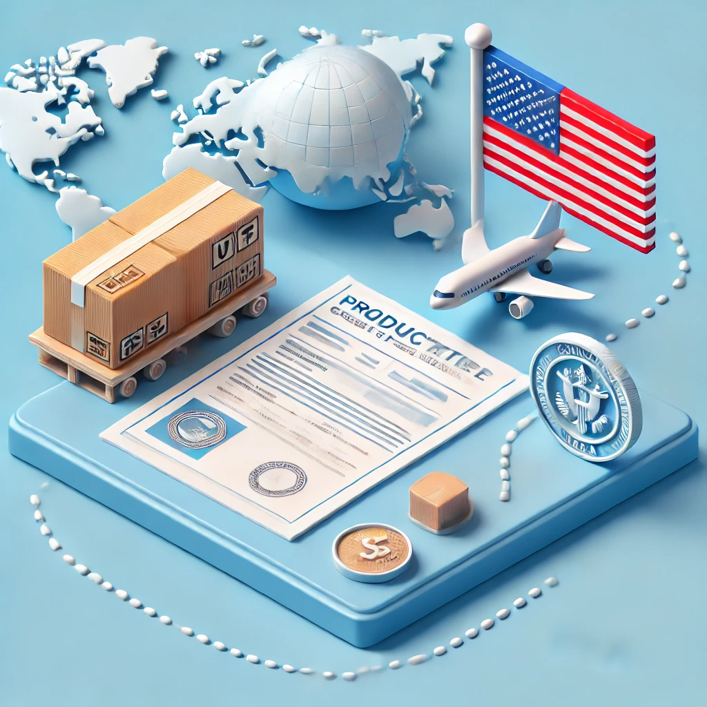 제품 인증서와 포장된 박스, 미국 국기, 세계 지도와 수출 경로 표시한 이미지