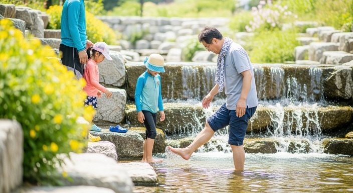 무더운 여름&amp;#44; 발을 담근 채 물놀이를 즐기는 모습