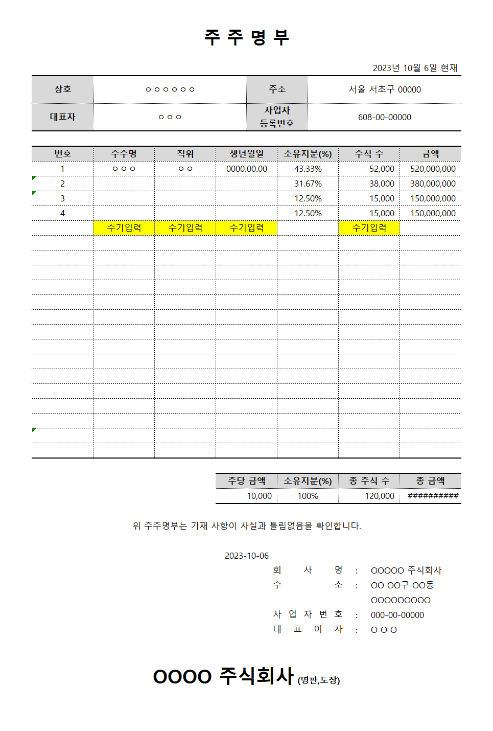  [무료 양식] 주주명부, 주주확인서 무료 양식 다운로드