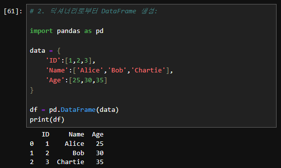 딕셔너리로부터 DataFrame 생성: