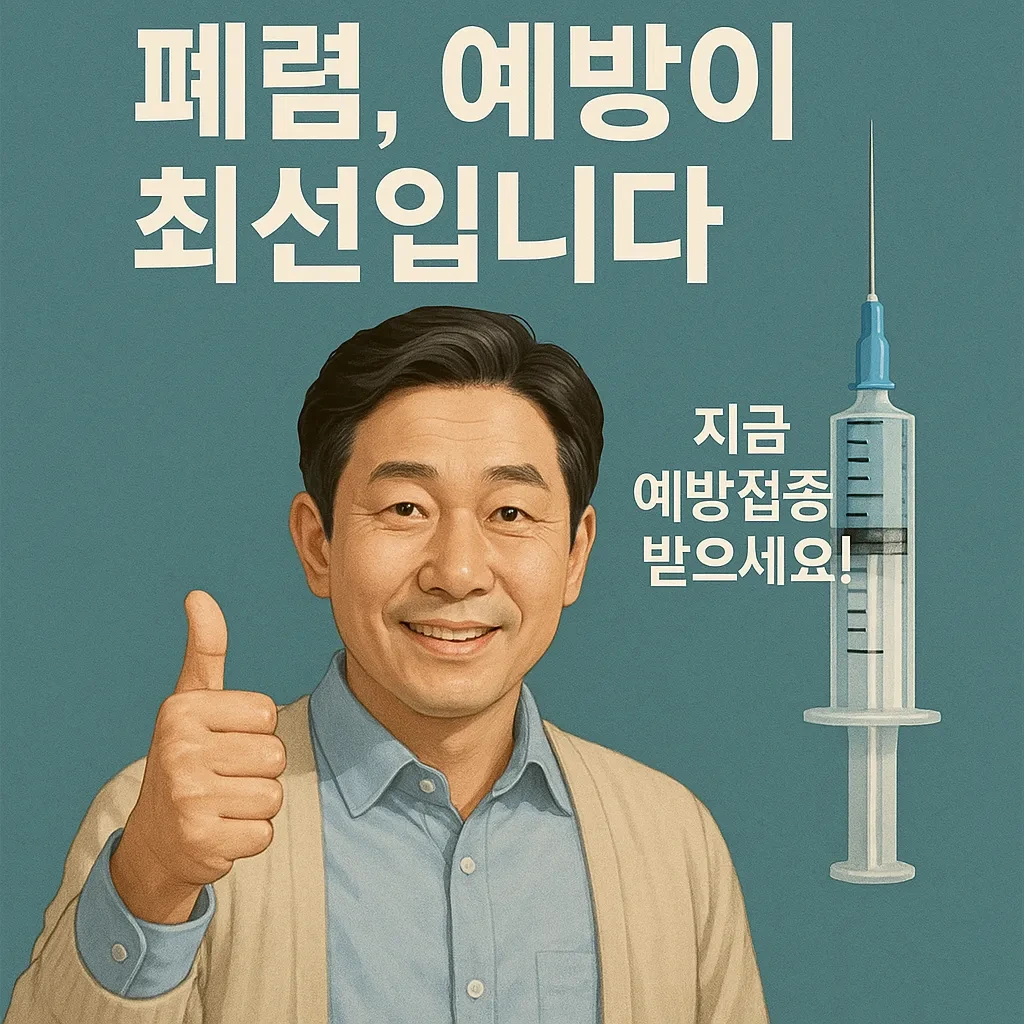 중년 동양인 남성이 엄지를 치켜세우며 미소짓고 있고, 옆에는 폐렴 예방을 상징하는 주사기 아이콘이 배치된 건강 캠페인 이미지. '폐렴, 예방이 최선입니다. 지금 예방접종 받으세요!'라는 문구가 강조되어 있음.