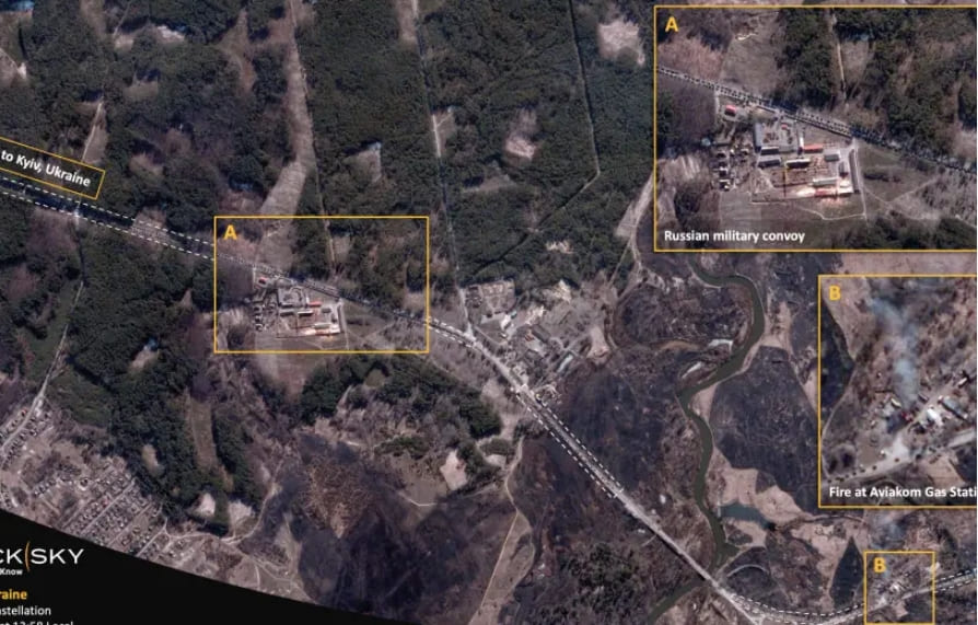 길이만 64km...키에프 인근 러시아 호송 군단 VIDEO: Satellite imagery shows scars of conflict as Russian convoy heads for Kyiv