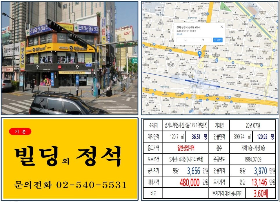  [부천시 부천역 사거리 코너빌딩 실거래가 조회] 심곡동 175-1 (부천역) 48억 원, 평당 1억 3,146만 원 매매되었습니다.