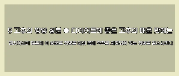  5 고추의 영양 성분 ● 다이어트에 좋은 고추의 매운 맛에는 캡사이신이 많은데 이 성분은 지방을 태워 몸에 축적된 저장되어 있는 지방을 감소시킨다