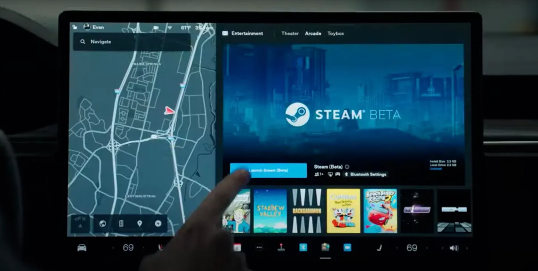 테슬라 내부 인포테인먼트에서 Steam을 이용하는 모습