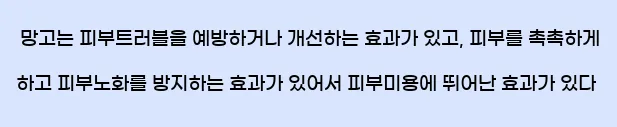  망고는 피부트러블을 예방하거나 개선하는 효과가 있고, 피부를 촉촉하게 하고 피부노화를 방지하는 효과가 있어서 피부미용에 뛰어난 효과가 있다