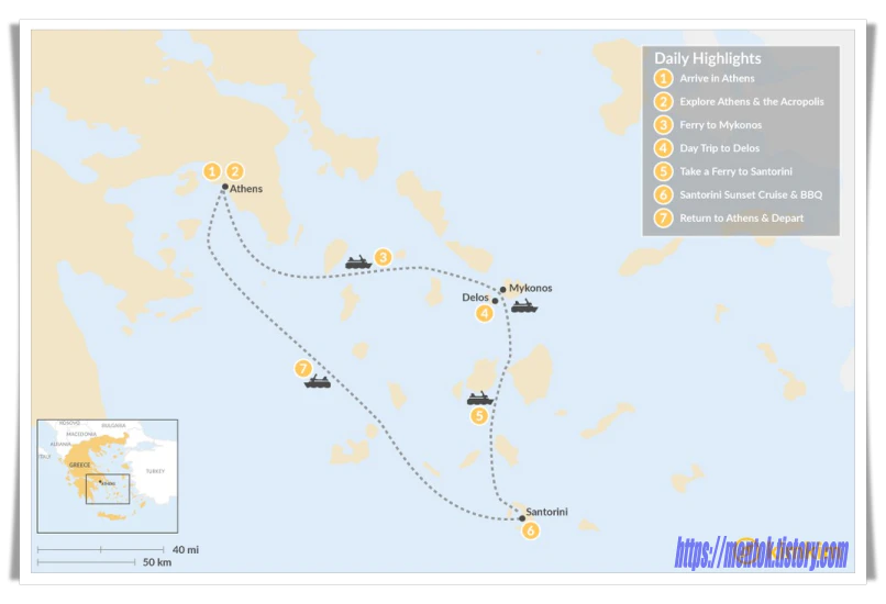 그리스 섬 7일 여행 지도: 아테네, 미코노스, 델로스 &amp; 산토리니