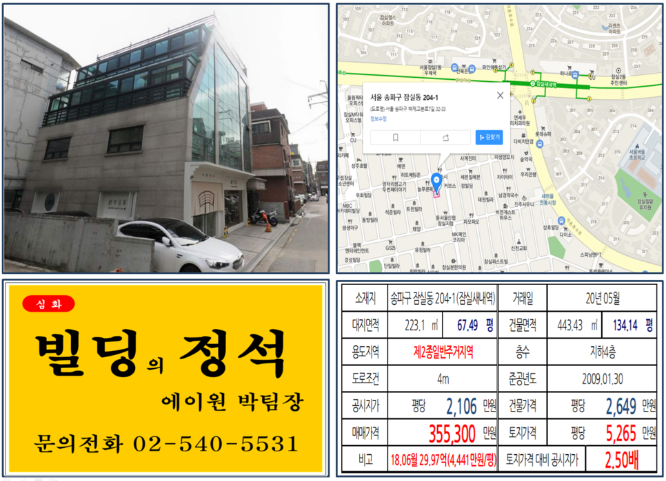  [송파구 잠실새내역 먹자상권 꼬마빌딩 실거래가 조회] 잠실동 204-1 (잠실새내역) 35.53억 원, 평당 5,265만 원, 잠실 MICE 개발호재지역, 잠실 먹자상권 꼬마빌딩
