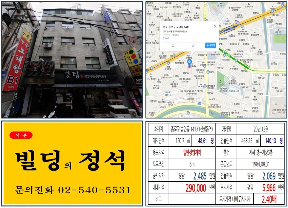  [종로구 먹자상권 20억 꼬마빌딩 실거래가 조회] 숭인동 1413 (신설동역) 29억 원, 평당 5,966만 원 매매되었습니다. 신설동 종합시장