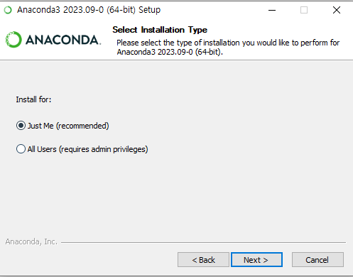 아나콘다 설치 방식 선택 화면