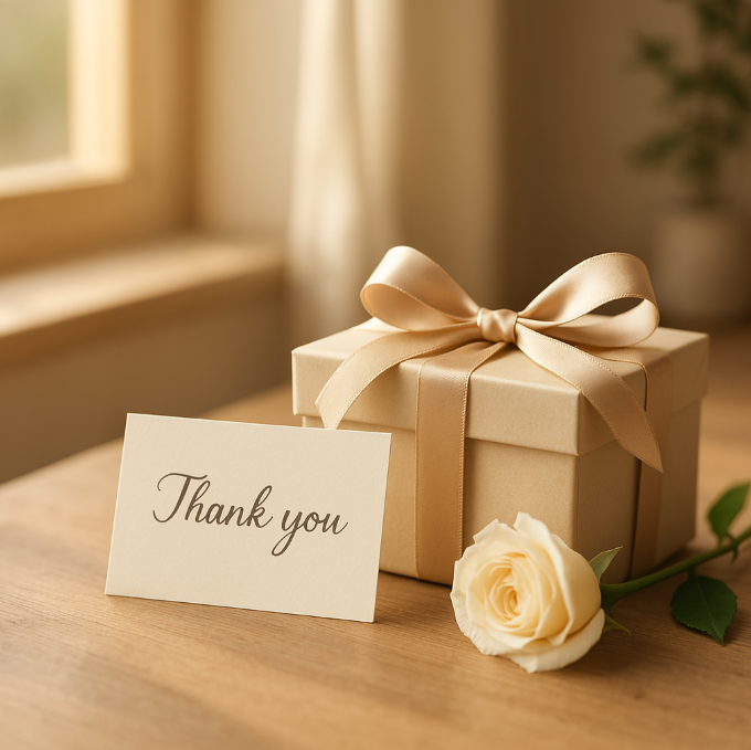 'Thank you' 가 적혀있는 카드와 선물상자, 꽃 한송이