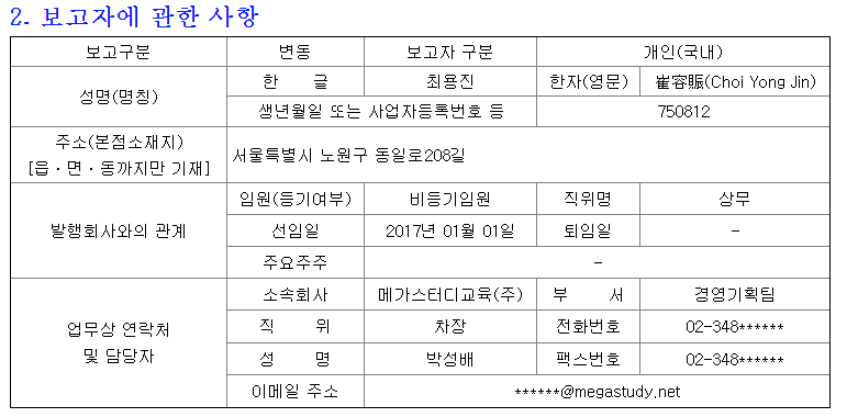  메가스터디교육 임원 또 자사주 매입하네요