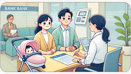 은행에서 대출 상담 중인 부부의 웹툰 스타일 일러스트, 아기 유모차와 따뜻한 가족의 모습