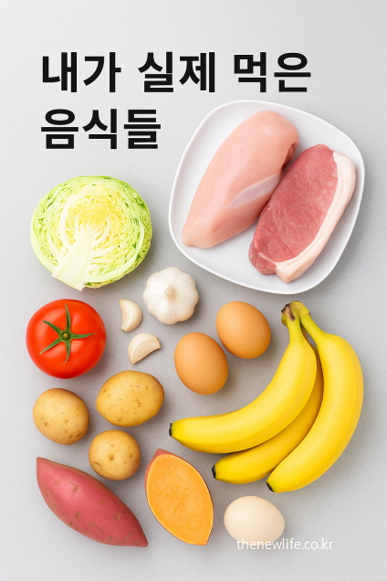 A flat lay of healthy foods including chicken breast, pork, cabbage, eggs, bananas, sweet potatoes, garlic, and tomatoes for a belly fat loss diet.-뱃살 다이어트를 위한 닭가슴살, 돼지고기, 양배추, 달걀, 바나나, 고구마, 마늘, 토마토 등 건강 식단 재료의 평면 구성