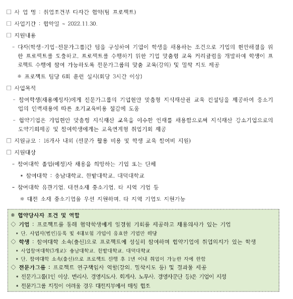  2022년 취업연계 IP지역인재양성사업 팀 프로젝트 지원대상기업 모집 공고
