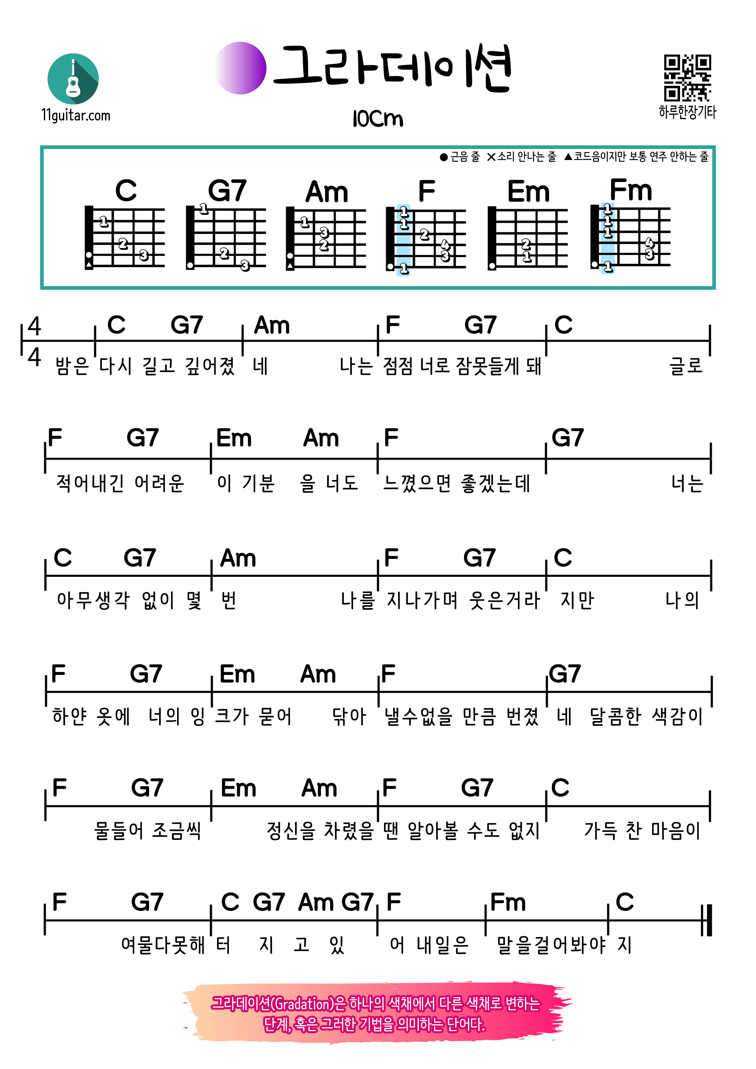그라데이션(10CM) 쉬운 기타 코드 악보