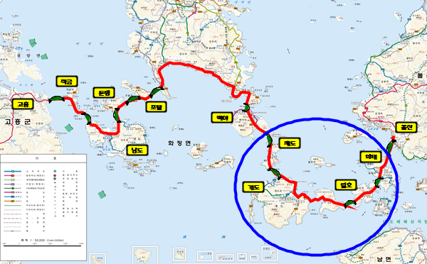 여수 화태도 ~ 월호도 ~ 개도 ~ 제도 ~ 백야도 : 12km(2차로)