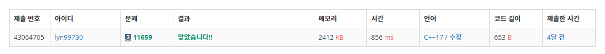 백준 BOJ 11659번 구간 합 구하기 4 문제 C++ 제출 결과