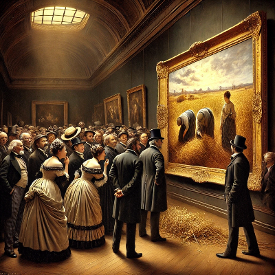 A dramatic and symbolic painting-style scene set in 1857 Paris at the Salon exhibition