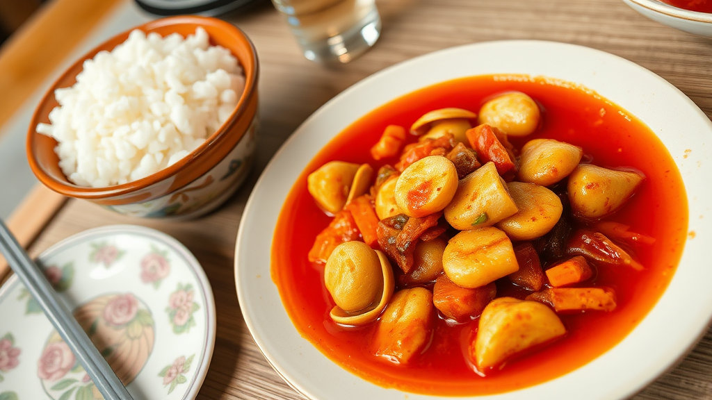 골뱅이김치찜 한 접시 옆에 밥공기, 소주잔, 그리고 예쁜 앞접시가 놓여 있어 다양한 상황에 어울림을 표현하는 이미지.