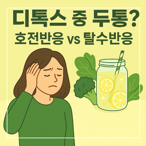 디톡스 중 두통을 겪는 여성과 레몬워터, 채소가 함께 있는 일러스트