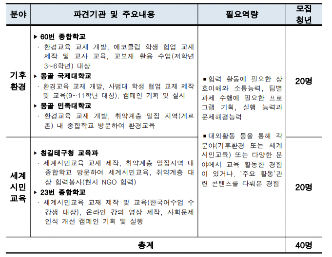 서울시 청년 해외봉사단 1기 활동분야