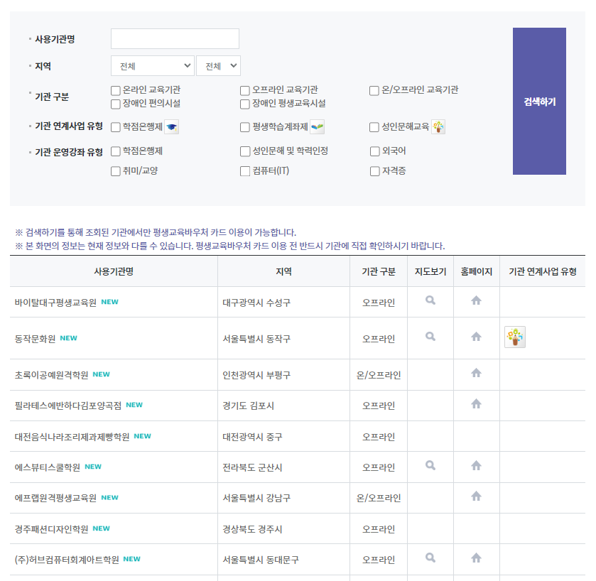 지역을 선택하기
기관 구분하기
기관연계사업 유형 선택하기
기관 운영강좌 유형을 선택 후 검색하기를 클릭합니다.