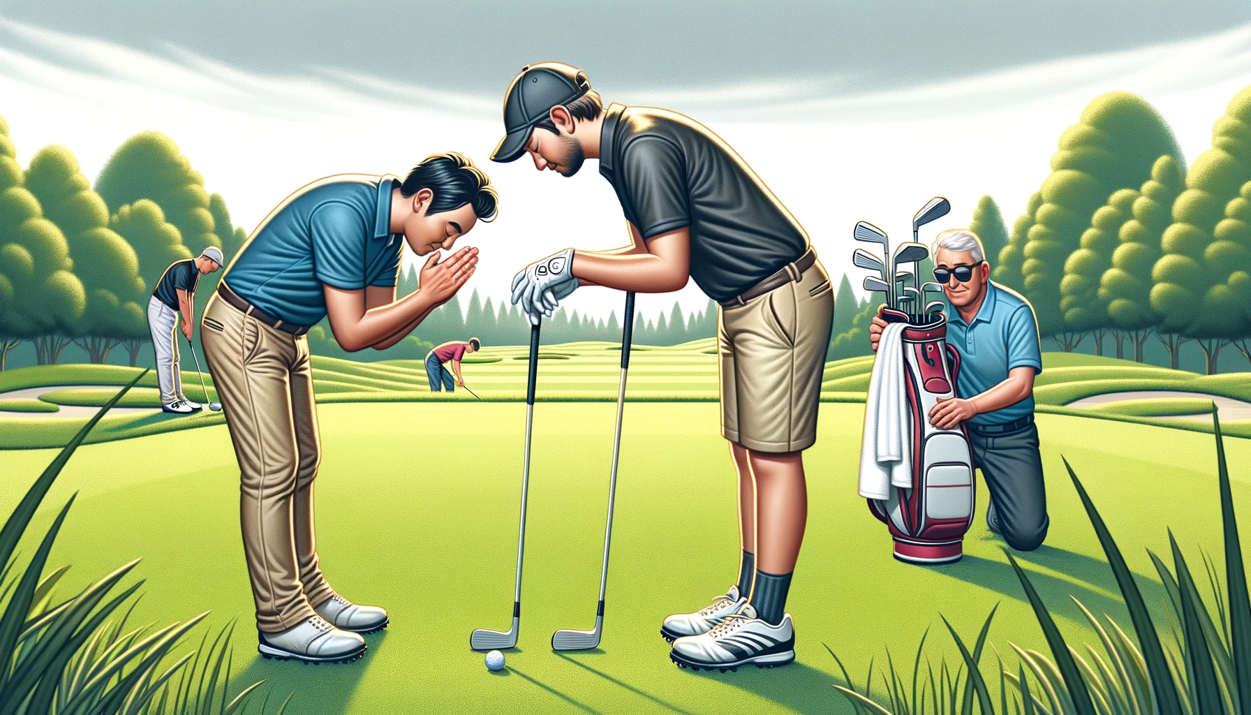 골프 코스 에티켓: 기본 규칙과 매너로 더 나은 라운딩 즐기기 - 플레이어 앞뒤에 목례&#44; 잔디 고치기와 흔들기