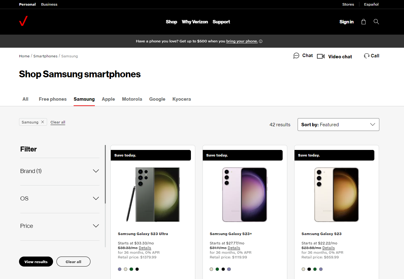 Galaxy S23 series : Verizon site