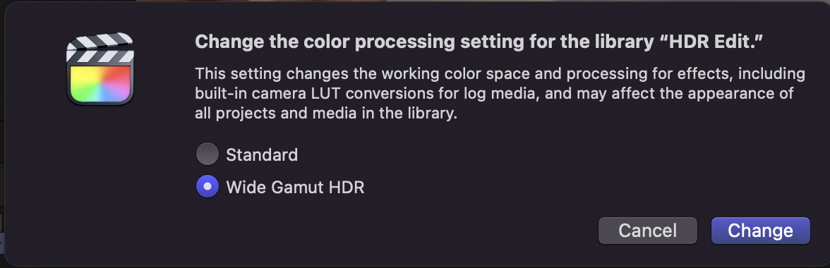라이브러리 만들 때 wide Gamut HDR 로 설정하는 모습