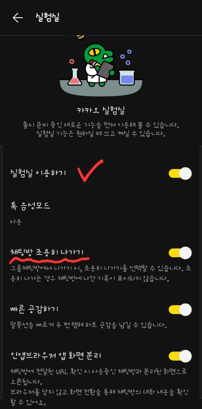 실험실 들어가면 채팅방 조용히 나가기 체크하기