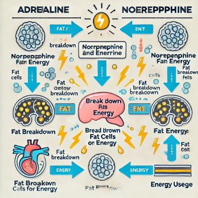 아드레날린과 지방 분해 과정의 연결을 보여주는 화살표 다이어그램