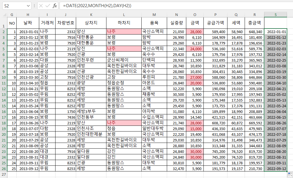 채우기 핸들을 더블 클릭하여 맨 아래줄까지 붙여넣음