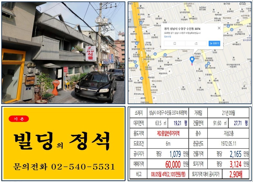  [성남시 수정구 수진동 재개발 6억 꼬마빌딩 실거래가 조회] 수진동 3374 (태평역) 6억 원, 평당 3,124만 원 매매되었습니다.