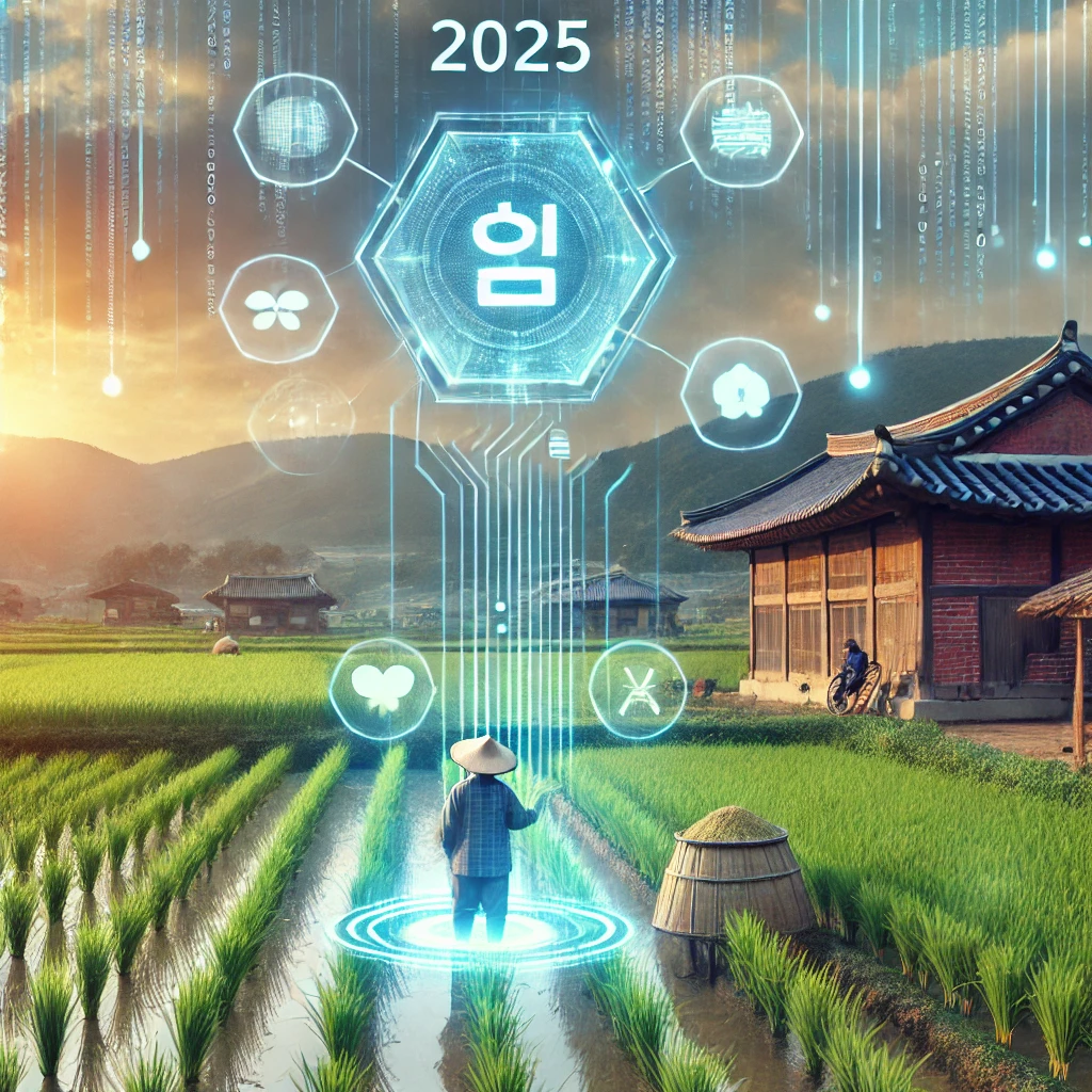 2025년 디지털 농업정책과 공익직불제 미래를 상징하는 그래픽 이미지 &ndash; 논 위에 증강현실 기술이 반영된 장면
