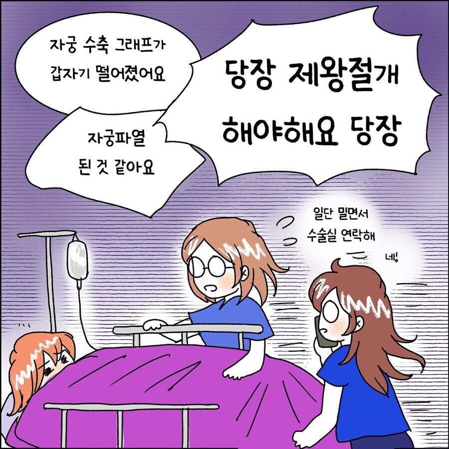 자궁 수축 그래프가 갑자기 떨어졌어요
자궁파열 된 것 같아요
당장 제왕절개
해야해요 당장
일단 밀면서
&gt; 수술실 연락해
네!