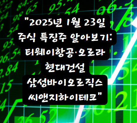 2025년 1월 23일 주식 특징주 알아보기: 티웨이항공·오로라·현대건설·삼성바이오로직스·씨앤지하이테크