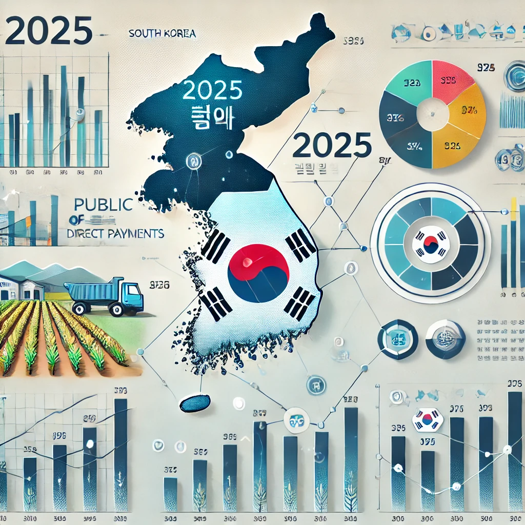2025년 대한민국 공익직불금 제도 현황을 나타낸 통계 및 지도 인포그래픽 &ndash; 지역별 농업직불금 지급 비율과 분석 차트 포함