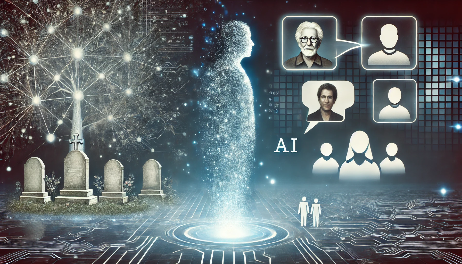 사망한 사람의 디지털 흔적을 유지하는 AI와 가족 간의 소통을 묘사한 이미지. 한쪽에는 사람이 디지털 데이터로 사라지고, 다른 쪽에는 AI가 대화하는 장면이 있다.