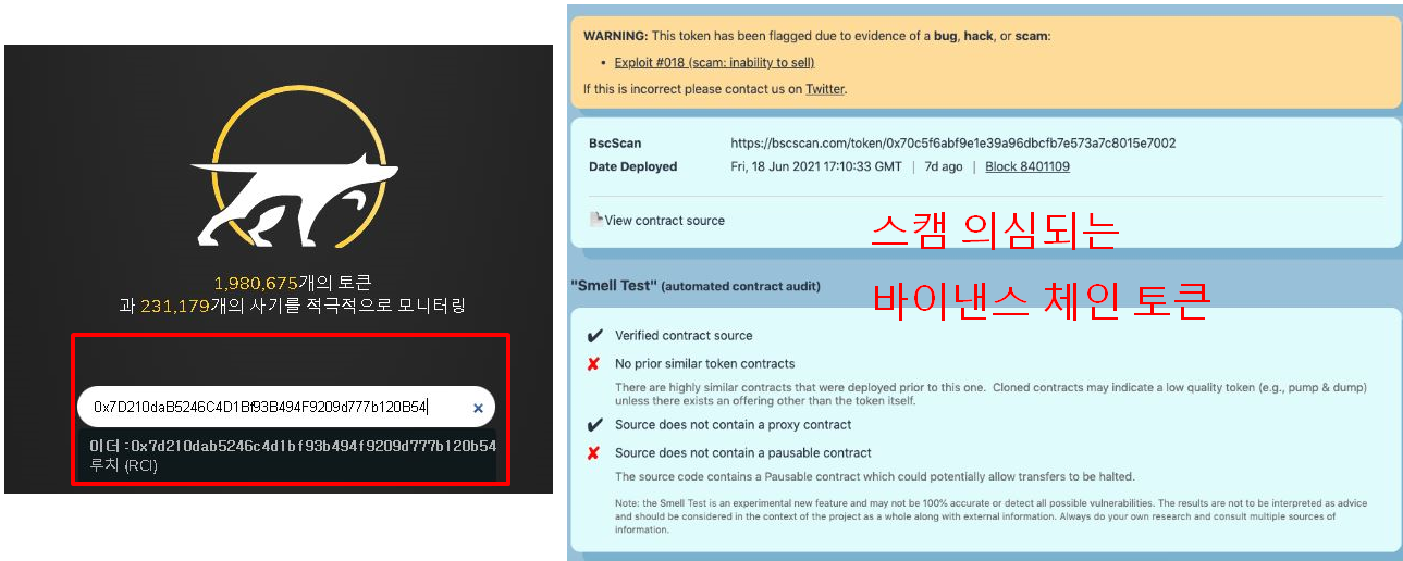 토큰 스니퍼 이용 스캠 사이트 확인